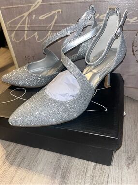 Silver Glitter Pointed Slingback Heels with Crisscross Straps